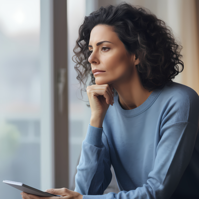 woman looking through a window, wondering